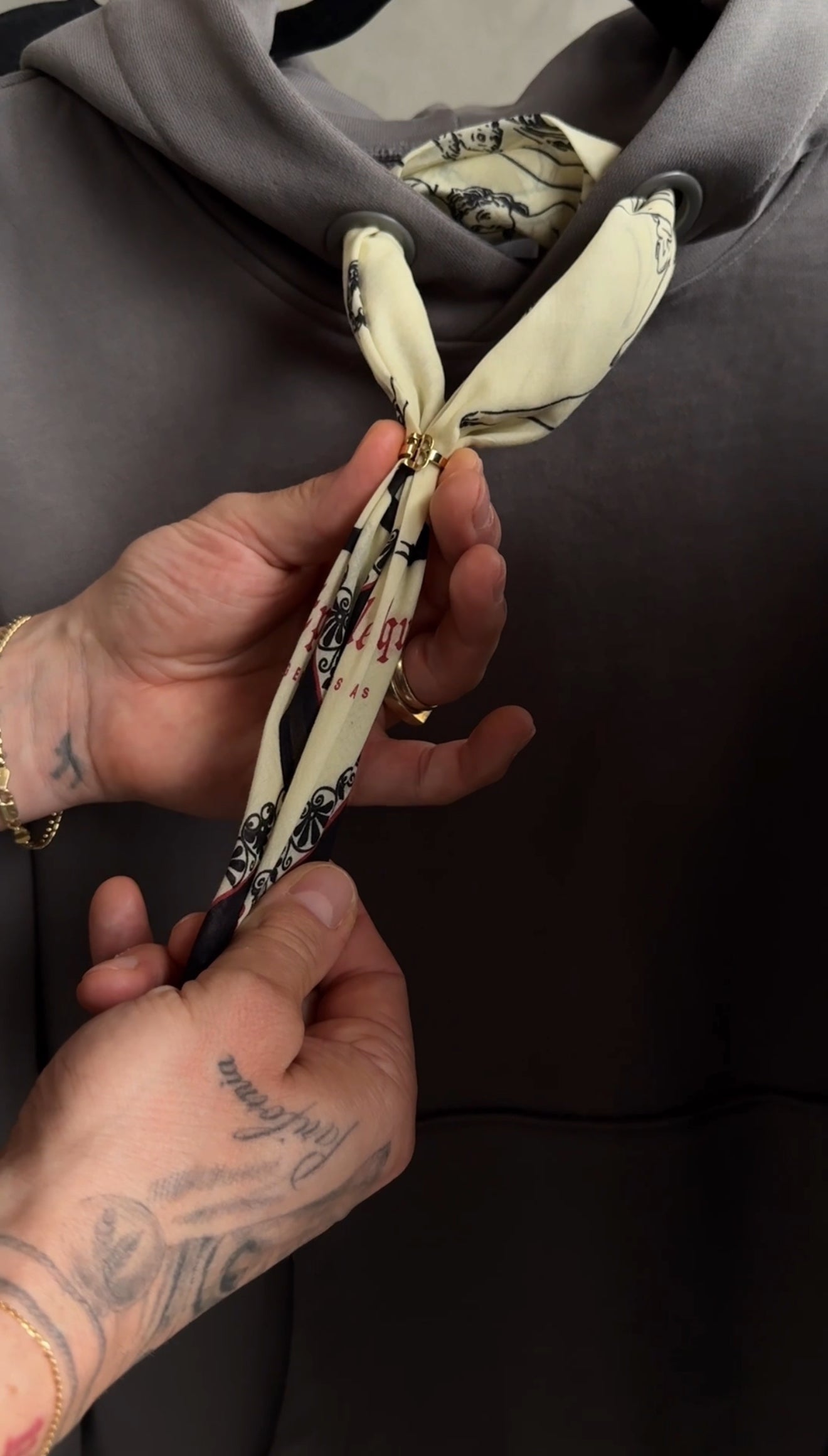 The Bandanoush Gold Ring by Belle Epoque Los Angeles, front view on model