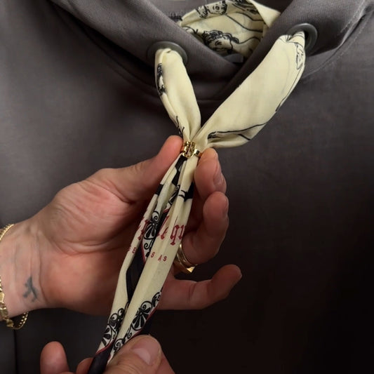 The Bandanoush Gold Ring by Belle Epoque Los Angeles, front view on model