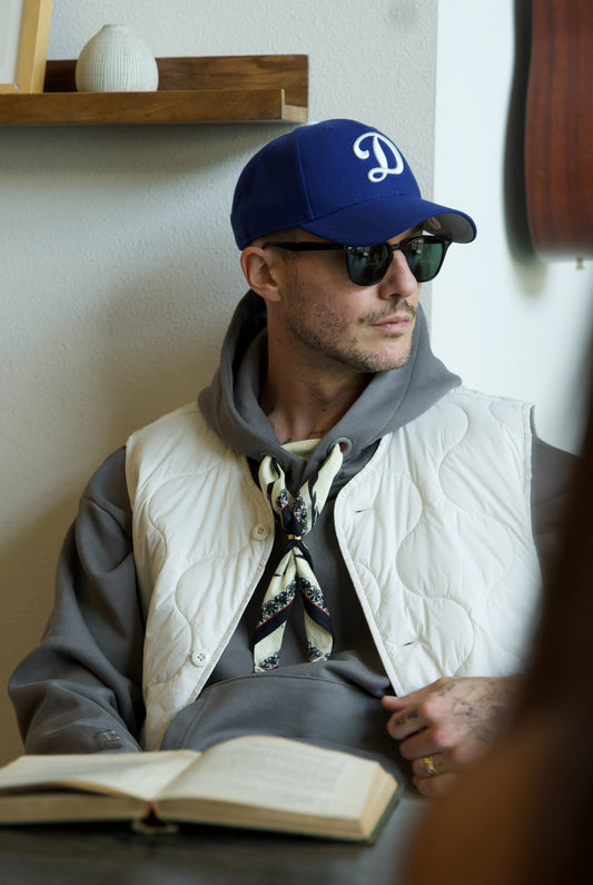 Gris Haussmanien Men's Grey Hoodie Sweatshirt with Bandanoush and Ring by Belle Epoque Los Angeles, front view on model