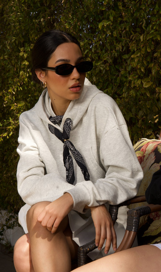 LE CROPPED GRIS Women's Grey Cropped Hoodie Sweatshirt with Bandanoush, front view on model